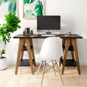 Mesa Escrivaninha Cavalete Tampo 30mm 4 Prateleiras Preto [F066]