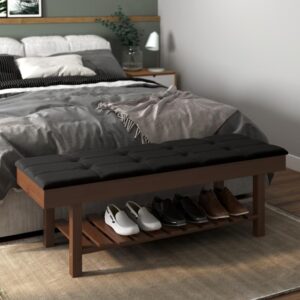 Banco Em Madeira Almofadado Com Sapateira Preto [F066]