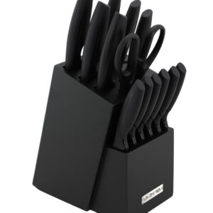 Jogo De Facas 14 Peças Aço Inox Preto Com Suporte Em Madeira [F088]