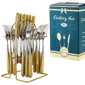 Conjunto de Talheres 24 Peças em Aço Inoxidável Luxo com Suporte – Acabamento Espelhado