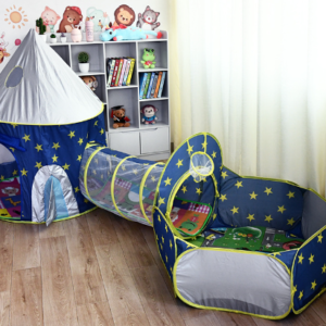 Casa de Brinquedo Infantil 3 em 1 com Túnel e Piscina – Tema Foguete Espacial