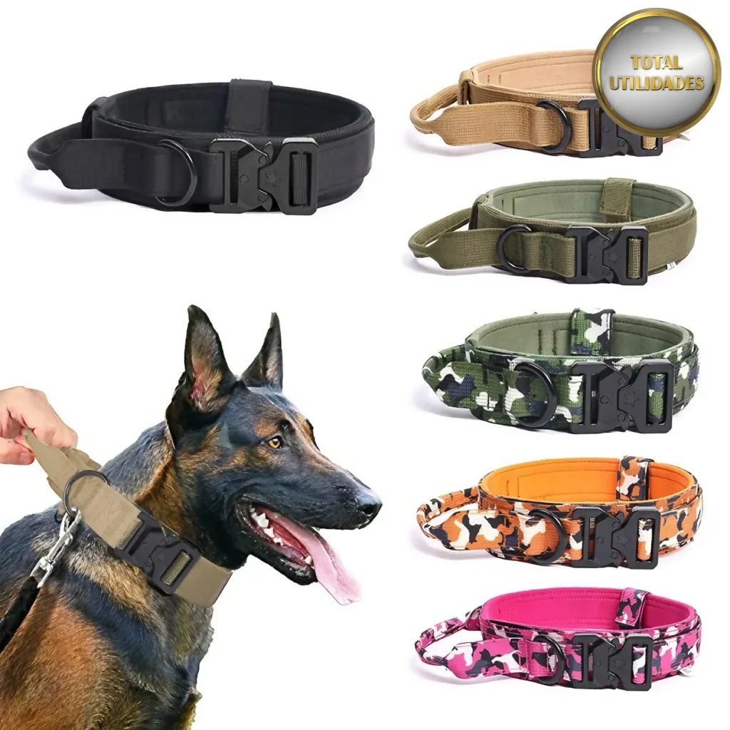 Conjunto Tático de Coleira Ajustável e Guia para Cães de Médio e Grande Porte