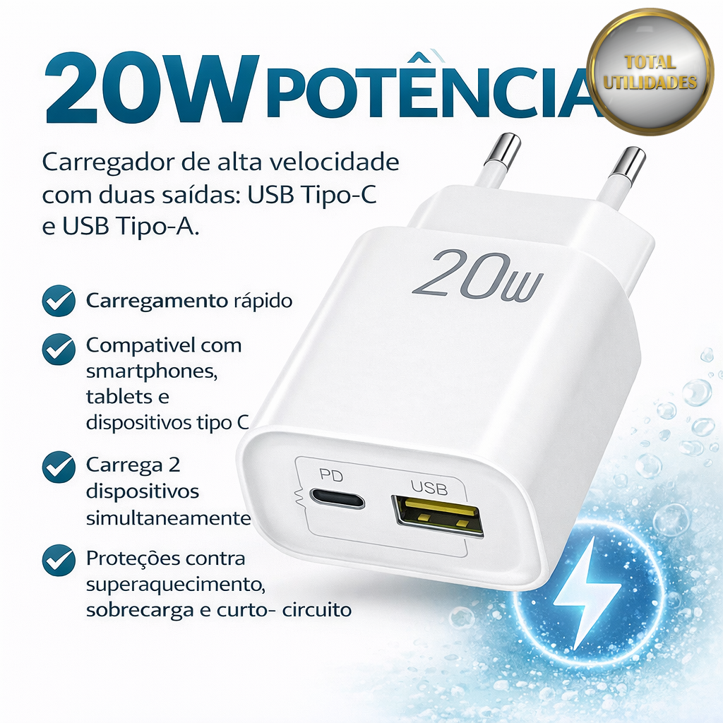 Carregador Turbo 20W USB + Tipo-C