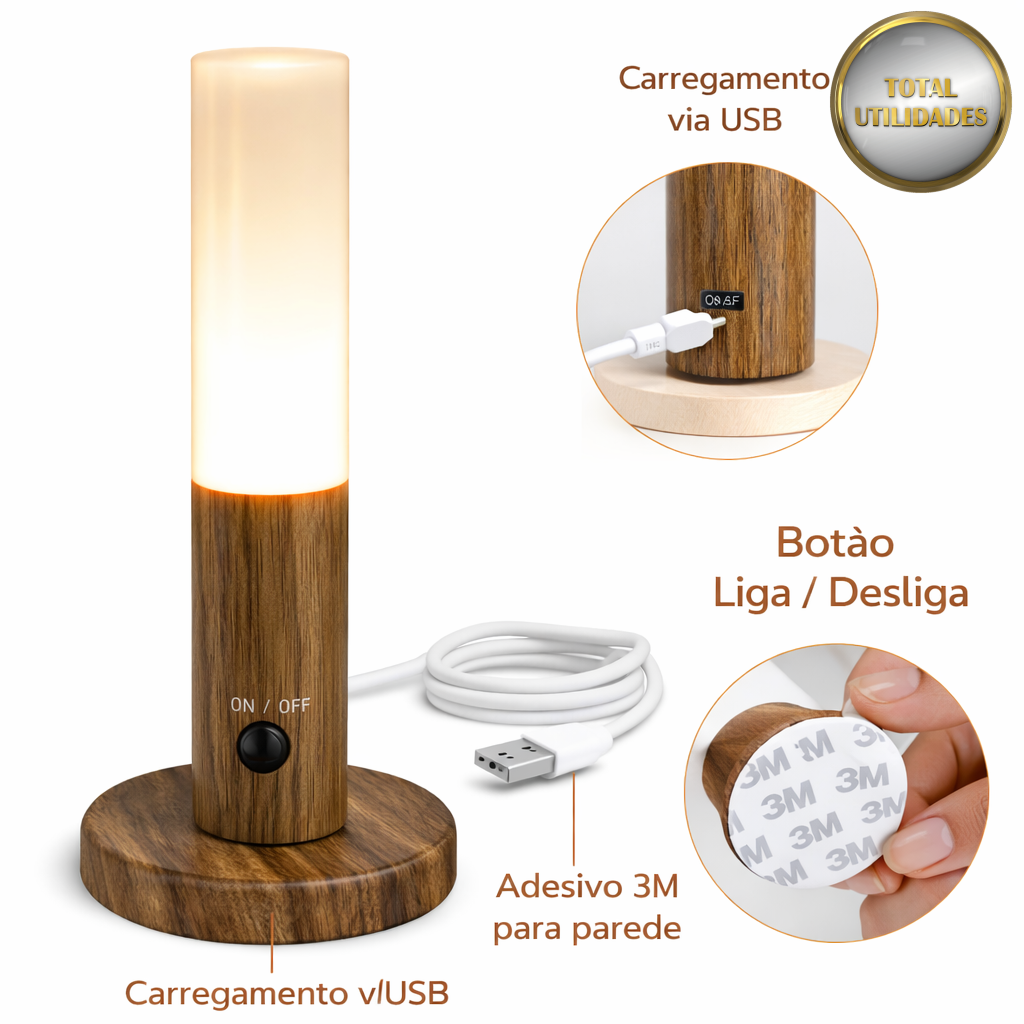 Luminária LED Inteligente com Sensor de Movimento Recarregável