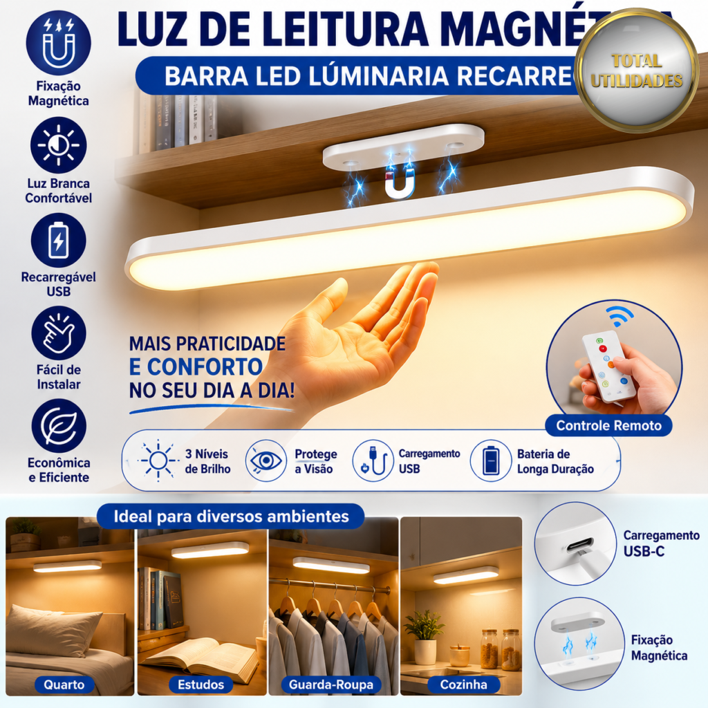 Luminária de Leitura Magnética Barra LED Recarregável