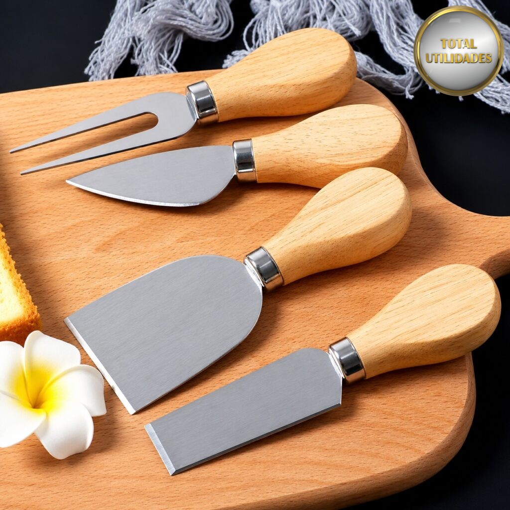Kit Para Queijo e Petisco 4 Peças em Aço Inox e Madeira