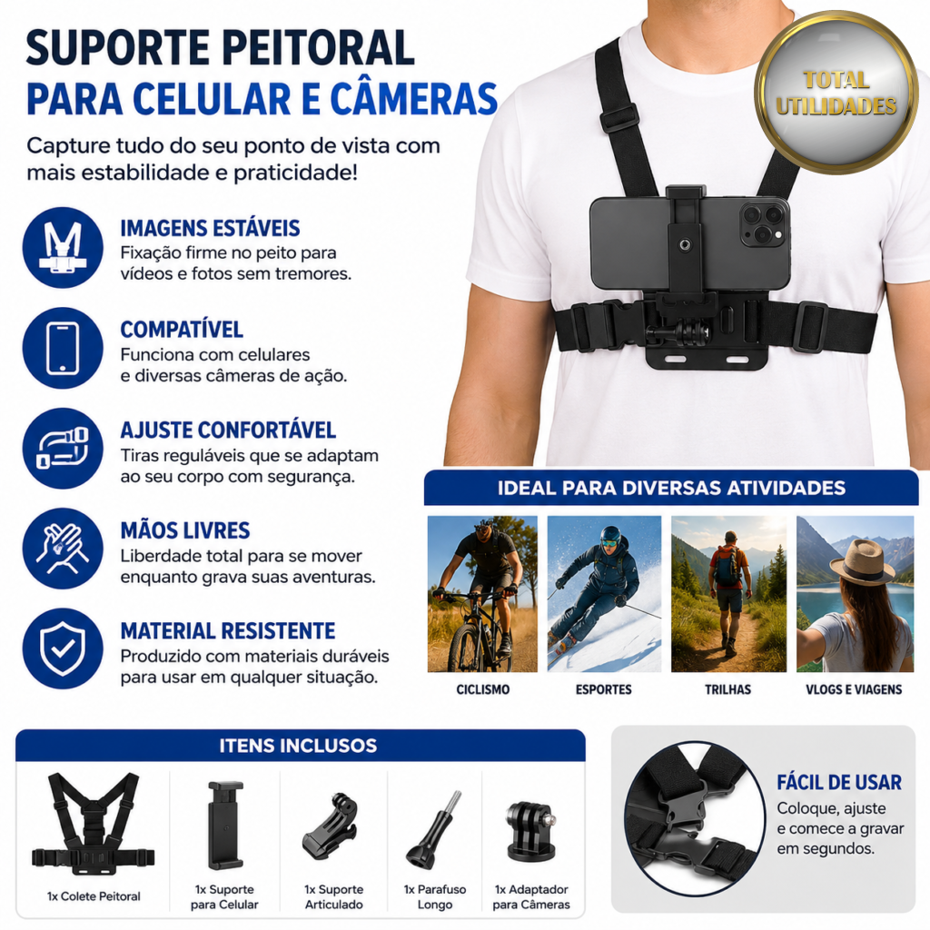 Suporte Peitoral Ajustável para Celular e Câmeras