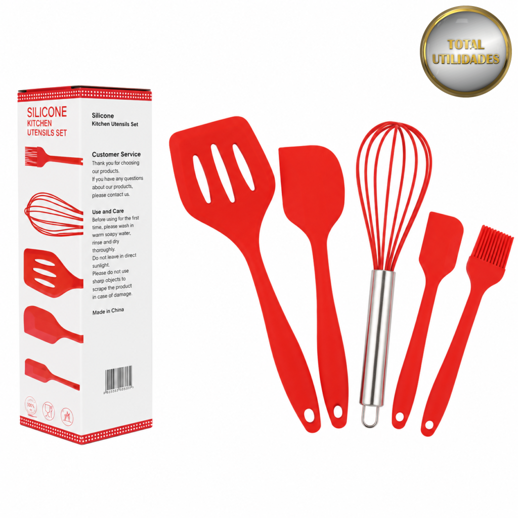 Jogo de Utensílios de Cozinha em Silicone – 5 Peças – Vermelho