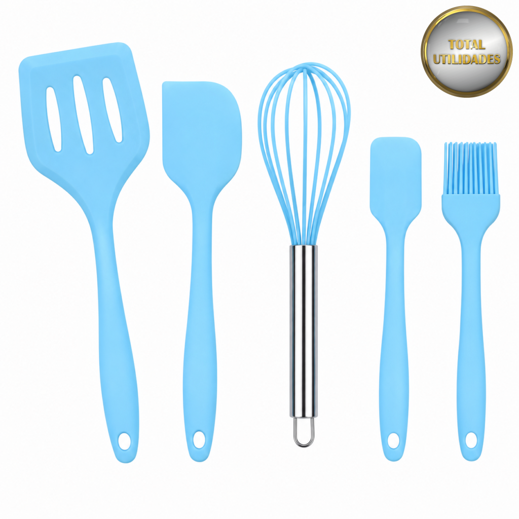 Jogo de Utensílios de Cozinha em Silicone – 5 Peças – Azul