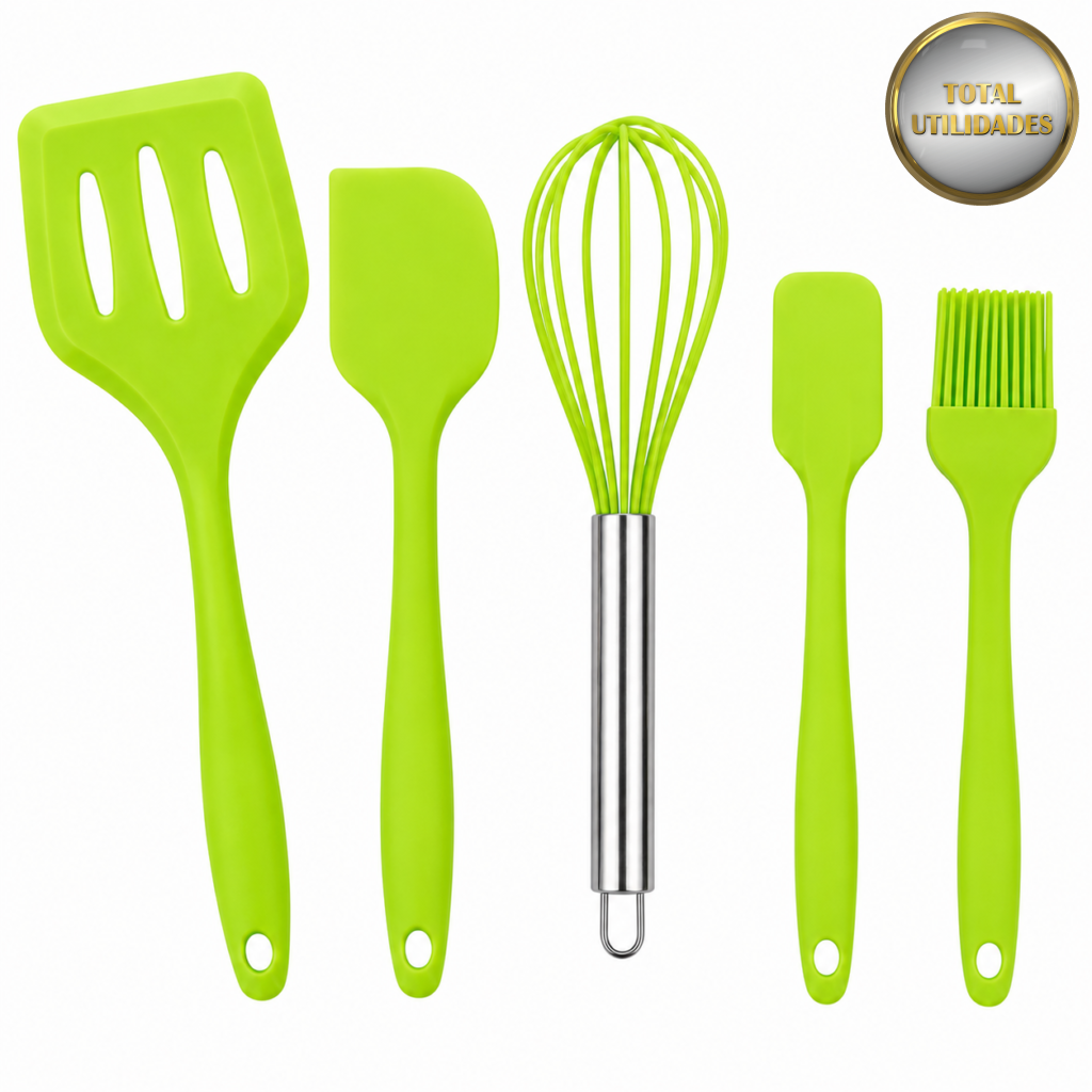 Jogo de Utensílios de Cozinha em Silicone Verde – 5 Peças