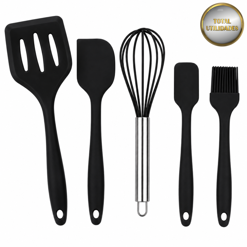 Jogo de Utensílios de Cozinha em Silicone Preto – 5 Peças