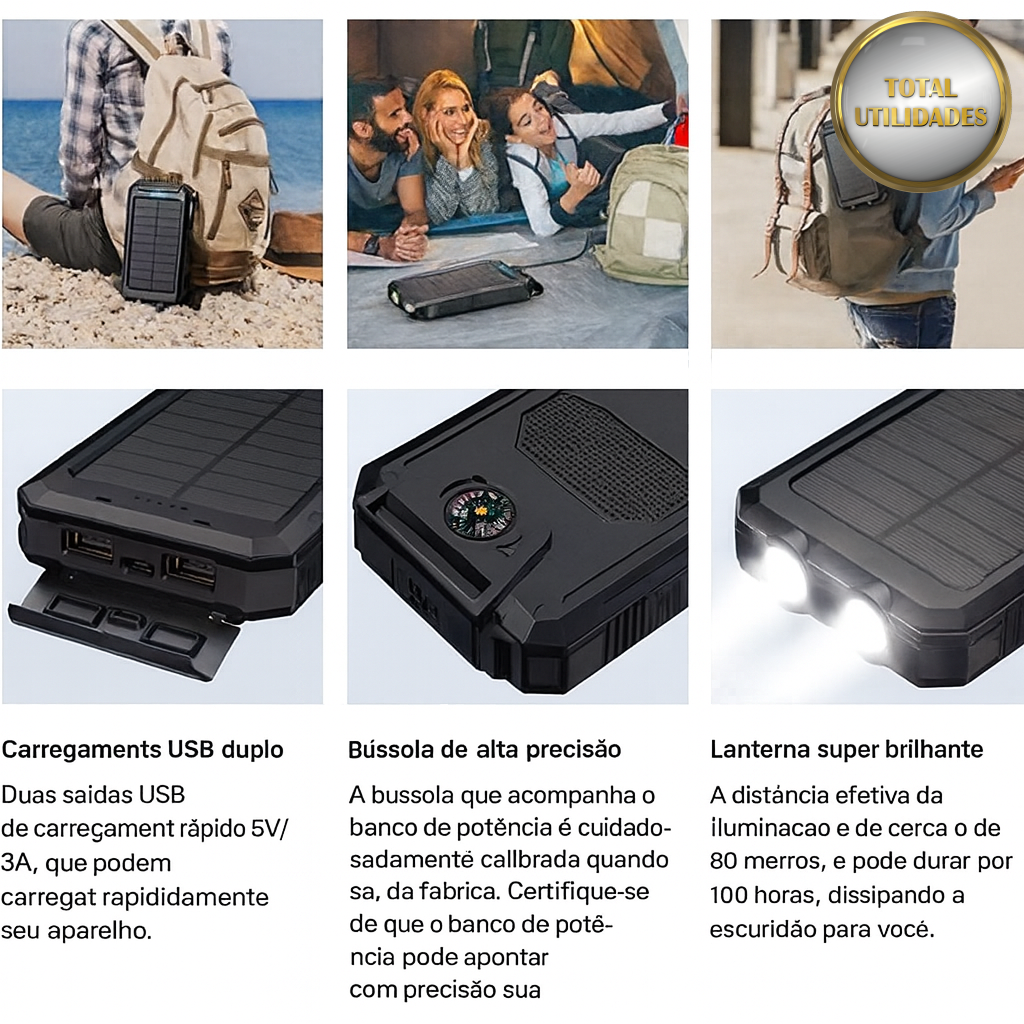 Carregador Portátil Power Bank Solar Usb Preto